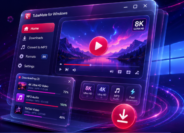TubeMate main window showing address bar, format list, and download queue